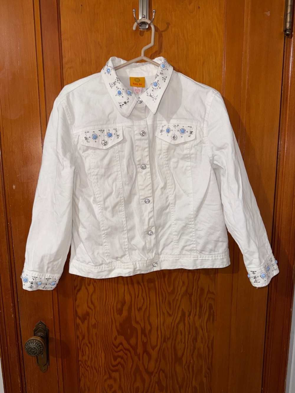 Ruby Rd. White Jean Jacket with Blue and Gold Cross Print